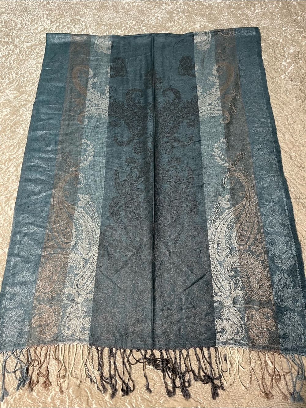 Multi-coloured paisley cashmere scarf 90% cashmere, 10% silk; 72 x 26”